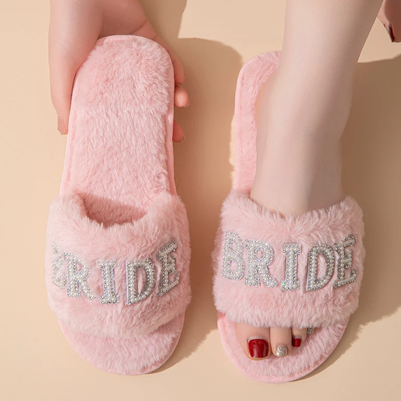 Beide Mrs Ido Pearl Letter Stuffed Slippers Wedding Party Bridal Fur Slippers Cross-Border Popular Cotton Slippers