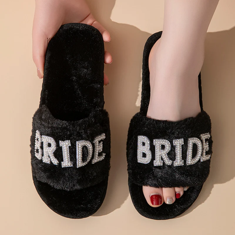 Beide Mrs Ido Pearl Letter Stuffed Slippers Wedding Party Bridal Fur Slippers Cross-Border Popular Cotton Slippers