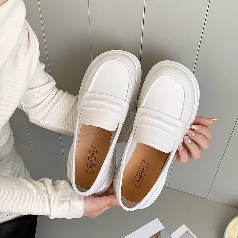Thick-Soled Loafers British Style Slip-On White Shoes for Women 2025 New Versatile Toe-Toe Shoes Cross-Border Foreign Trade Women's Shoes