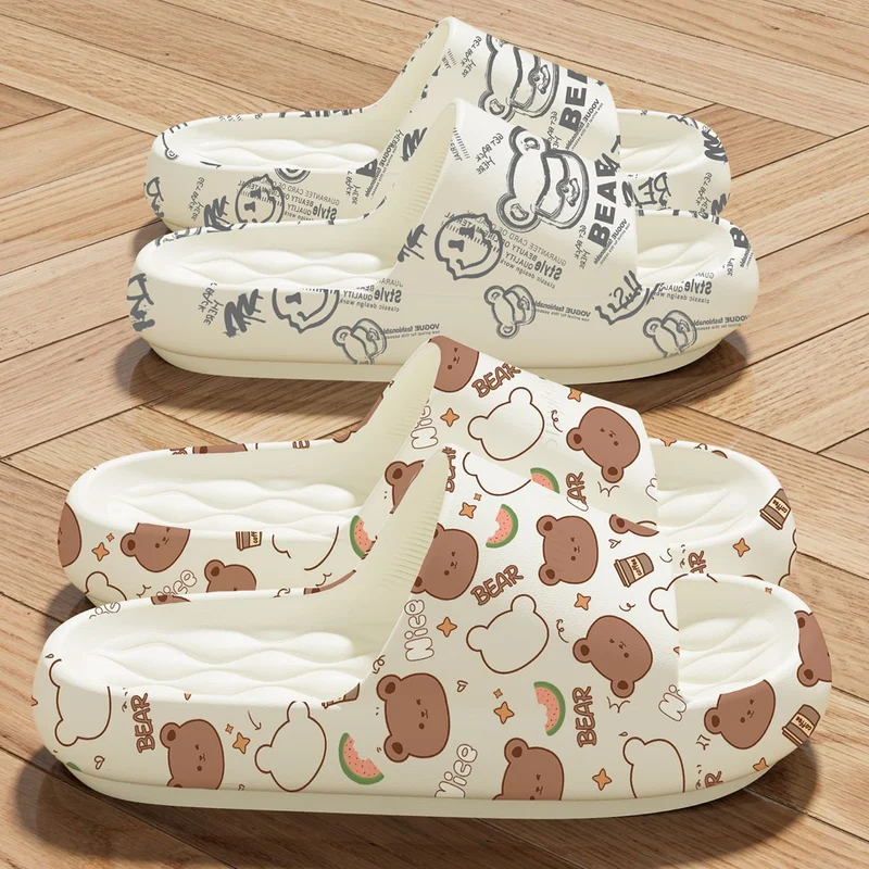 Happy Bear Slippers Women's 2025 New Home Use Indoor Anti-Slip Anti-Odor Beach Wear Thick Sole Couple Bathroom