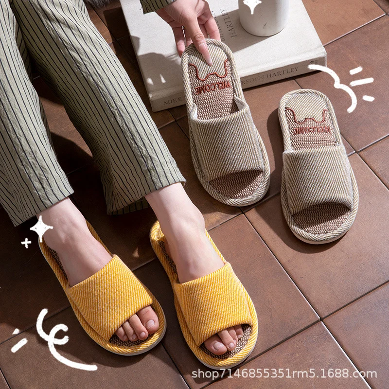 Linen Slippers Men's Breathable Indoor Home Non-slip Soft Bottom Mute Sweat Absorbing Spring and Autumn Four Seasons Foot Bear Floor Slippers