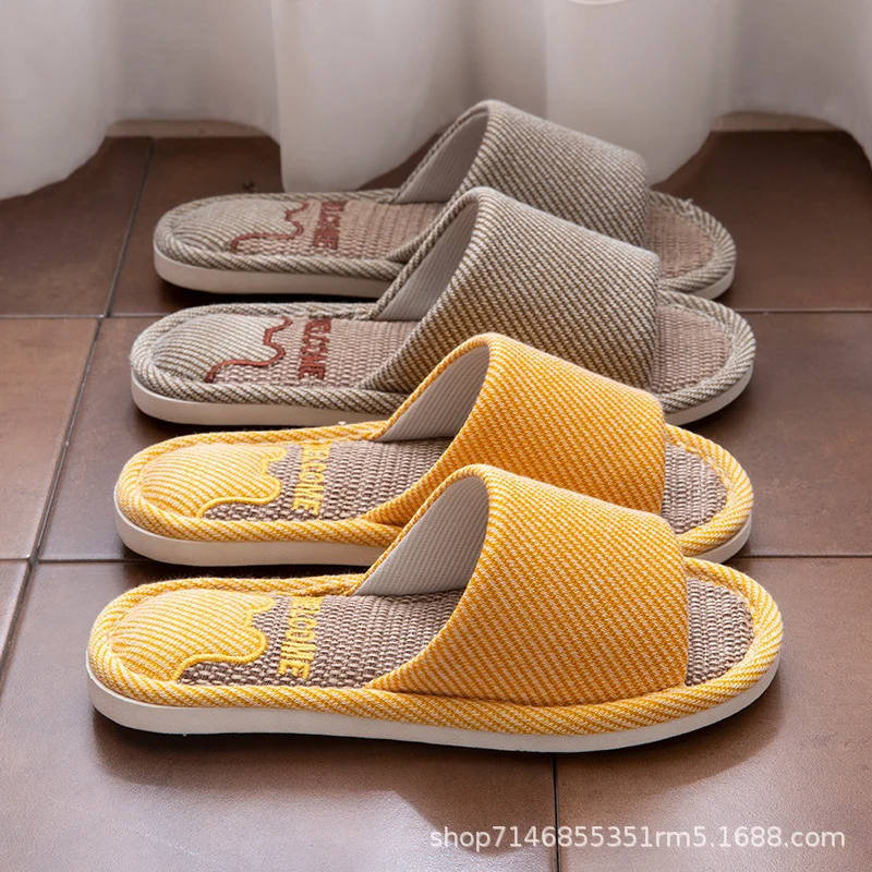 Linen Slippers Men's Breathable Indoor Home Non-slip Soft Bottom Mute Sweat Absorbing Spring and Autumn Four Seasons Foot Bear Floor Slippers