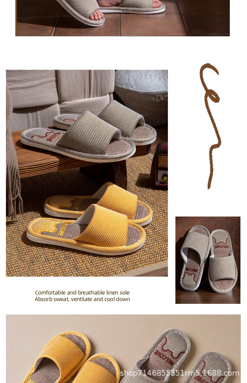 Linen Slippers Men's Breathable Indoor Home Non-slip Soft Bottom Mute Sweat Absorbing Spring and Autumn Four Seasons Foot Bear Floor Slippers