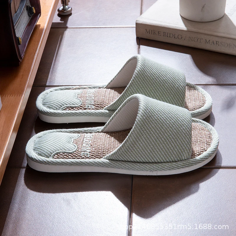 Linen Slippers Men's Breathable Indoor Home Non-slip Soft Bottom Mute Sweat Absorbing Spring and Autumn Four Seasons Foot Bear Floor Slippers
