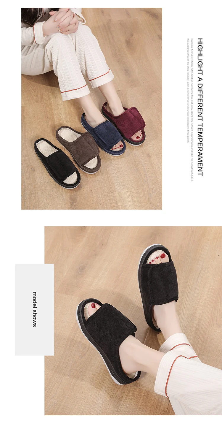 Factory direct wholesale Velcro loose feet wide fat swollen adjust middle-aged men's and women's cloth shoes linen slippers foreign trade