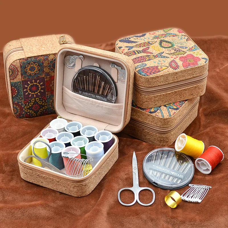 Retro Style Imitation Pu Leather Square Sewing Box Household Sewing and Mending Needle and Thread Set Portable Daily Essential Sewing Kit