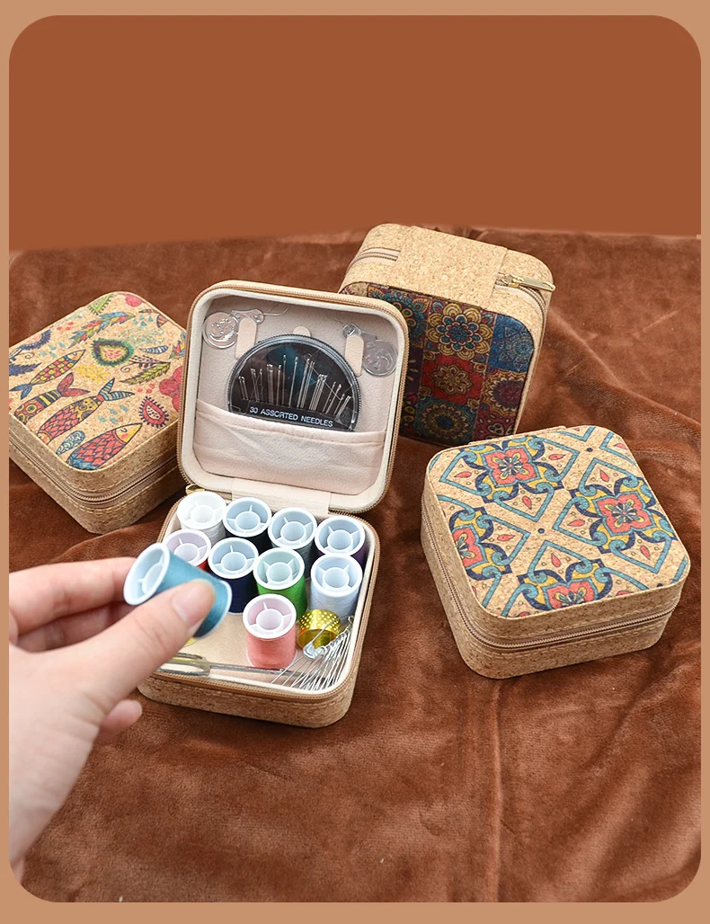 Retro Style Imitation Pu Leather Square Sewing Box Household Sewing and Mending Needle and Thread Set Portable Daily Essential Sewing Kit