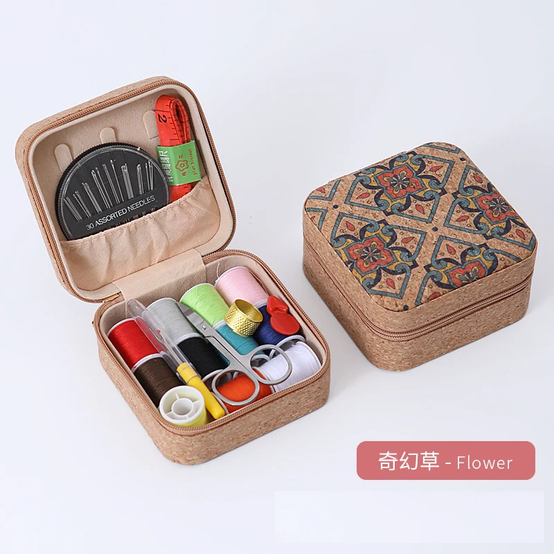 Retro Style Imitation Pu Leather Square Sewing Box Household Sewing and Mending Needle and Thread Set Portable Daily Essential Sewing Kit