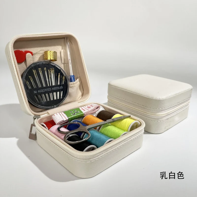 Retro Style Imitation Pu Leather Square Sewing Box Household Sewing and Mending Needle and Thread Set Portable Daily Essential Sewing Kit