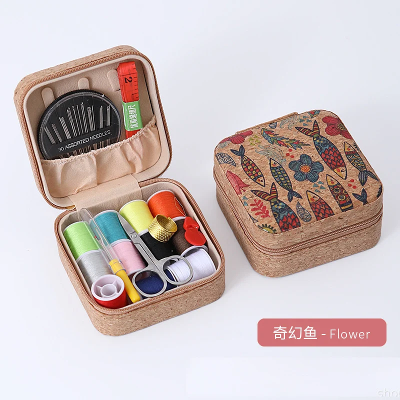 Retro Style Imitation Pu Leather Square Sewing Box Household Sewing and Mending Needle and Thread Set Portable Daily Essential Sewing Kit