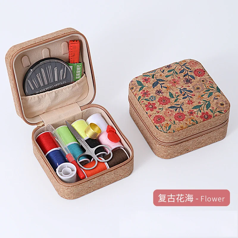 Retro Style Imitation Pu Leather Square Sewing Box Household Sewing and Mending Needle and Thread Set Portable Daily Essential Sewing Kit