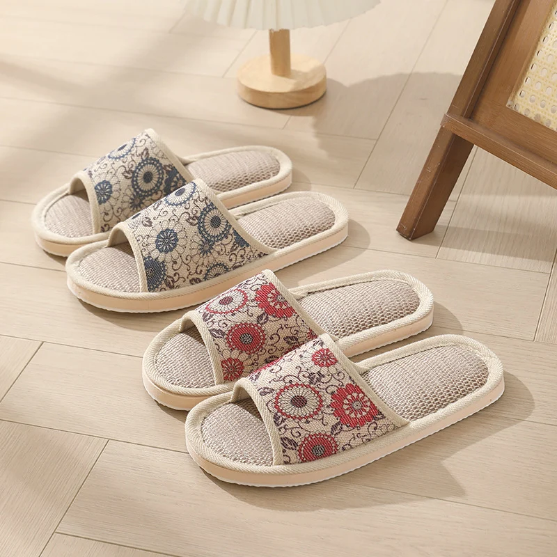 New Summer Open-Toe Home Slippers, Non-Slip, for Men and Women, Couples, Indoor, Blue and White Porcelain, Wooden Floor, Light Foam Sole, Cotton and Linen