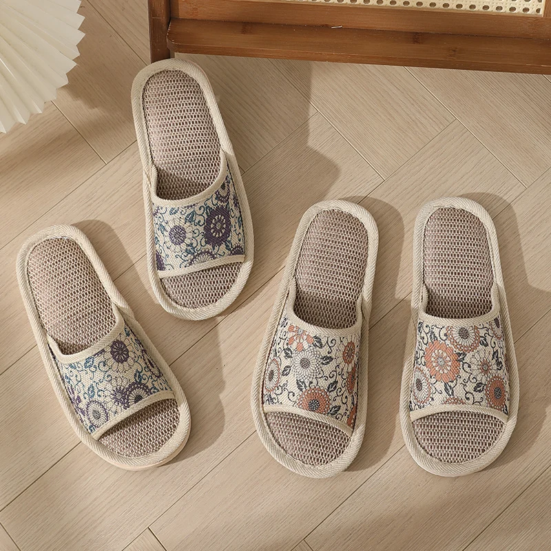 New Summer Open-Toe Home Slippers, Non-Slip, for Men and Women, Couples, Indoor, Blue and White Porcelain, Wooden Floor, Light Foam Sole, Cotton and Linen