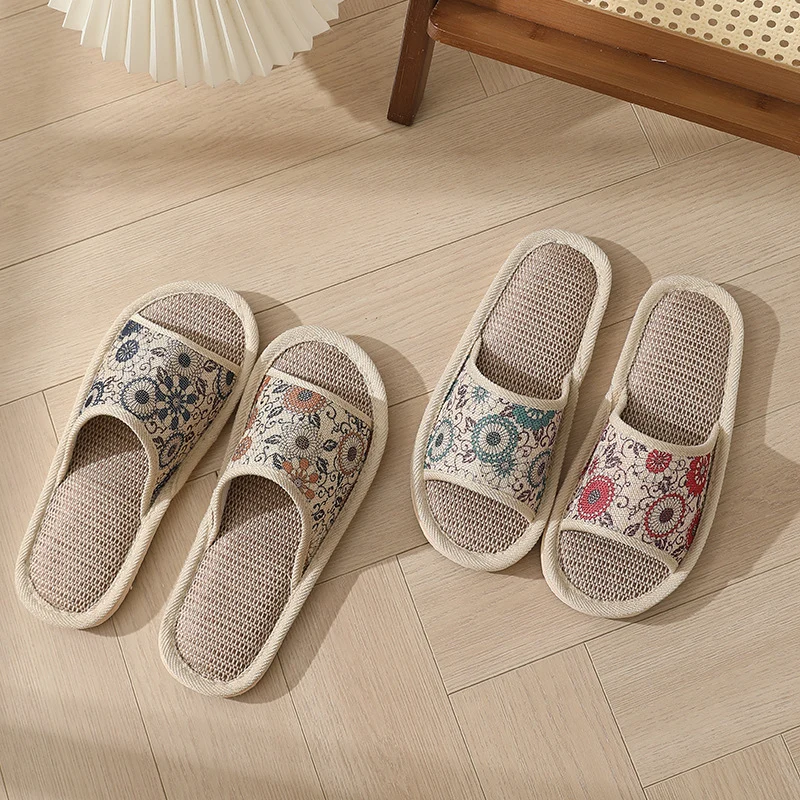 New Summer Open-Toe Home Slippers, Non-Slip, for Men and Women, Couples, Indoor, Blue and White Porcelain, Wooden Floor, Light Foam Sole, Cotton and Linen