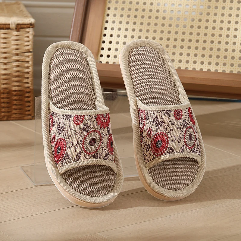 New Summer Open-Toe Home Slippers, Non-Slip, for Men and Women, Couples, Indoor, Blue and White Porcelain, Wooden Floor, Light Foam Sole, Cotton and Linen