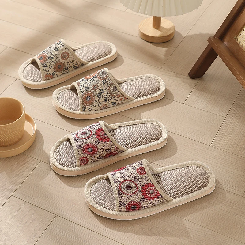 New Summer Open-Toe Home Slippers, Non-Slip, for Men and Women, Couples, Indoor, Blue and White Porcelain, Wooden Floor, Light Foam Sole, Cotton and Linen