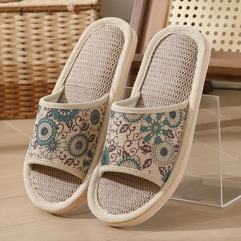 New Summer Open-Toe Home Slippers, Non-Slip, for Men and Women, Couples, Indoor, Blue and White Porcelain, Wooden Floor, Light Foam Sole, Cotton and Linen