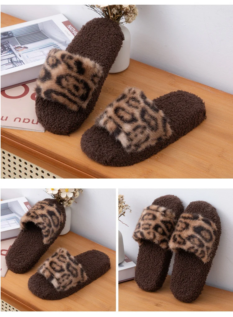 2025 Autumn and Winter Furry Slippers, Leopard Print, Retro Fashion, Home Lazy Soft Sole, Comfortable Home Slippers