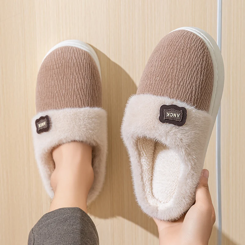 Cotton Slippers for Women, Fashionable Winter Indoor Home Non-Slip Plush Warm Couple Style Fleece-Lined Thick-Soled Cotton Slippers for Men