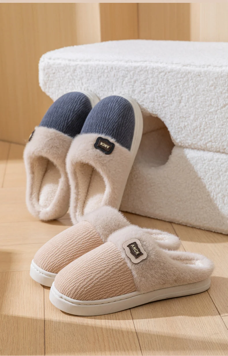 Cotton Slippers for Women, Fashionable Winter Indoor Home Non-Slip Plush Warm Couple Style Fleece-Lined Thick-Soled Cotton Slippers for Men
