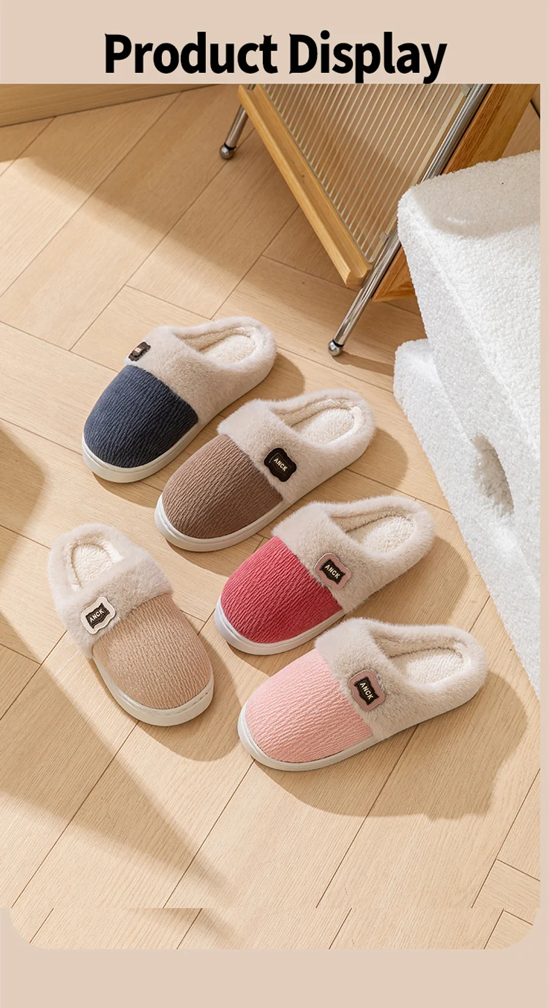 Cotton Slippers for Women, Fashionable Winter Indoor Home Non-Slip Plush Warm Couple Style Fleece-Lined Thick-Soled Cotton Slippers for Men