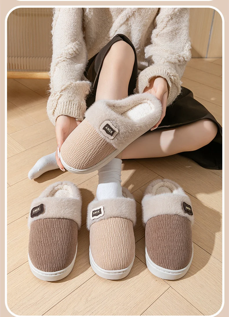Cotton Slippers for Women, Fashionable Winter Indoor Home Non-Slip Plush Warm Couple Style Fleece-Lined Thick-Soled Cotton Slippers for Men