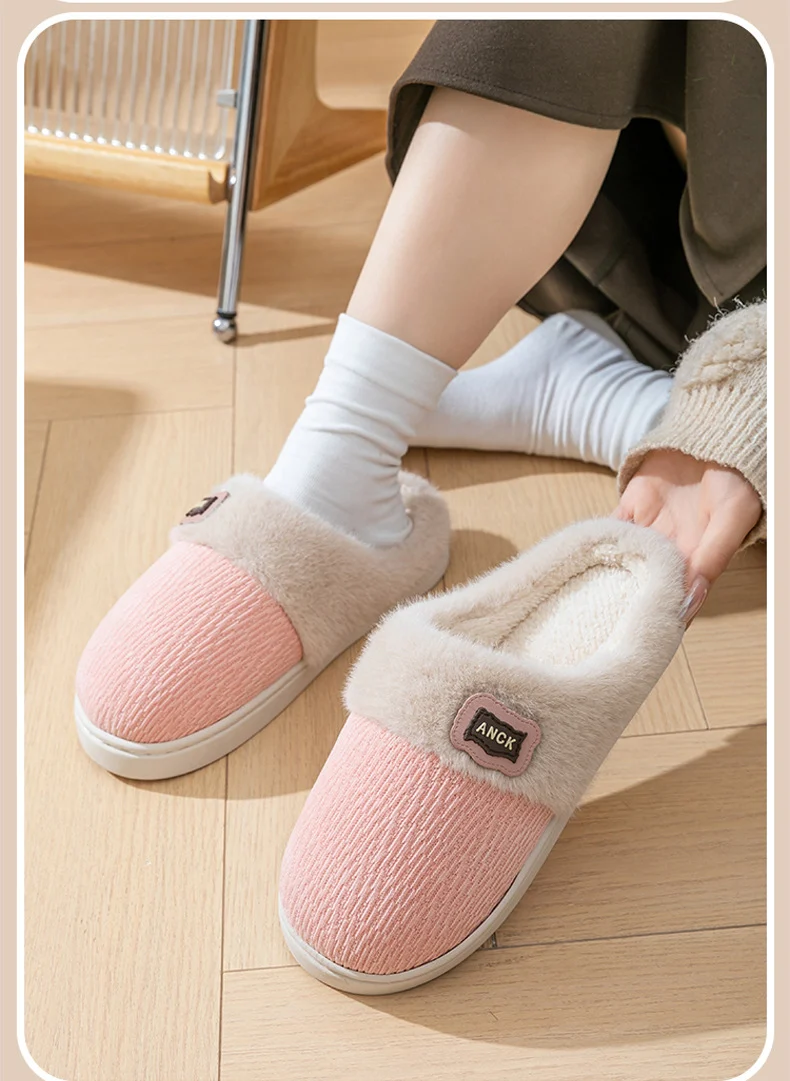 Cotton Slippers for Women, Fashionable Winter Indoor Home Non-Slip Plush Warm Couple Style Fleece-Lined Thick-Soled Cotton Slippers for Men