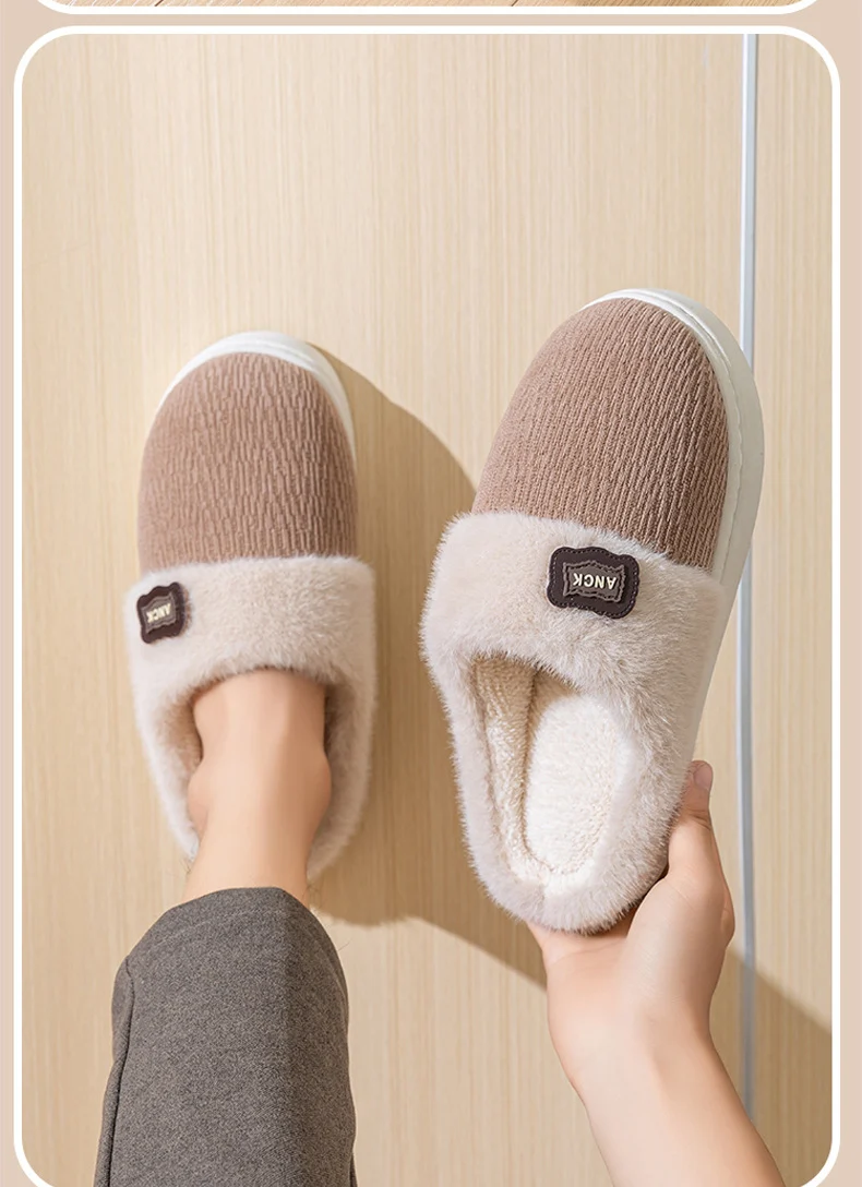 Cotton Slippers for Women, Fashionable Winter Indoor Home Non-Slip Plush Warm Couple Style Fleece-Lined Thick-Soled Cotton Slippers for Men