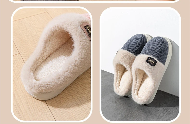 Cotton Slippers for Women, Fashionable Winter Indoor Home Non-Slip Plush Warm Couple Style Fleece-Lined Thick-Soled Cotton Slippers for Men