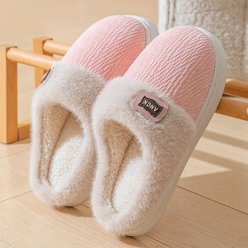 Cotton Slippers for Women, Fashionable Winter Indoor Home Non-Slip Plush Warm Couple Style Fleece-Lined Thick-Soled Cotton Slippers for Men