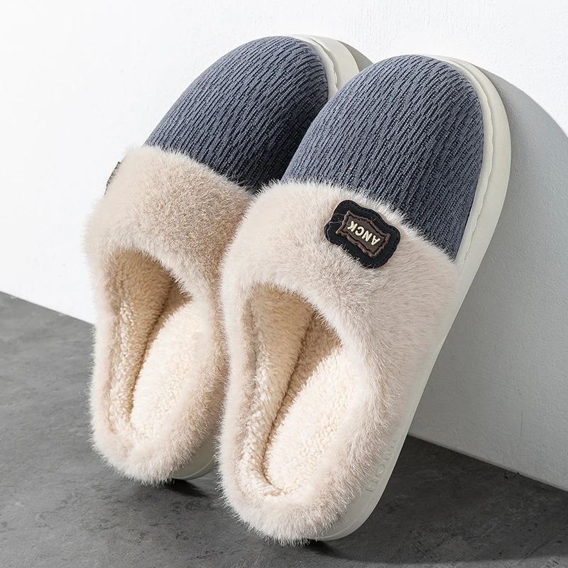Cotton Slippers for Women, Fashionable Winter Indoor Home Non-Slip Plush Warm Couple Style Fleece-Lined Thick-Soled Cotton Slippers for Men