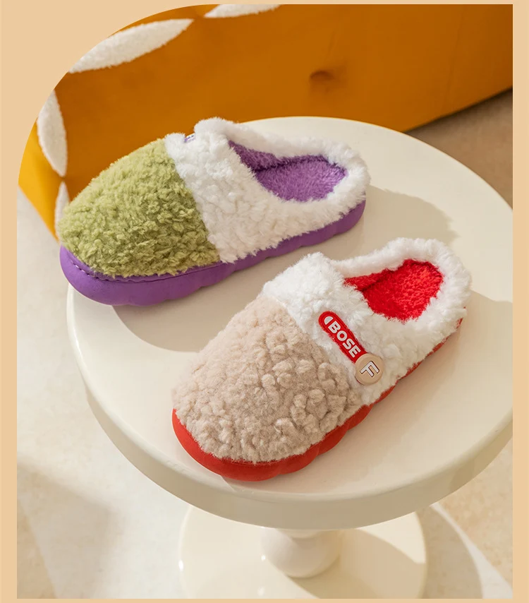 Cotton Slippers for Women, Autumn and Winter New Color Matching Home Indoor Non-Slip Warm Home Thick-Soled Plush Slippers for Men