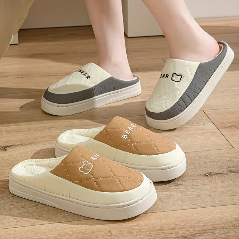 Winter Cotton Slippers for Women, Non-Slip, Warm and Velvet, Couple Style Indoor Cartoon Furry Shoes, Half-Pack Heel Home Shoes for Men