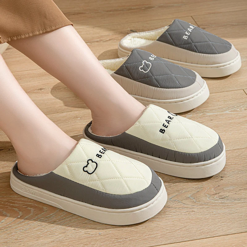 Winter Cotton Slippers for Women, Non-Slip, Warm and Velvet, Couple Style Indoor Cartoon Furry Shoes, Half-Pack Heel Home Shoes for Men