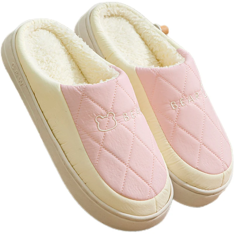 Winter Cotton Slippers for Women, Non-Slip, Warm and Velvet, Couple Style Indoor Cartoon Furry Shoes, Half-Pack Heel Home Shoes for Men