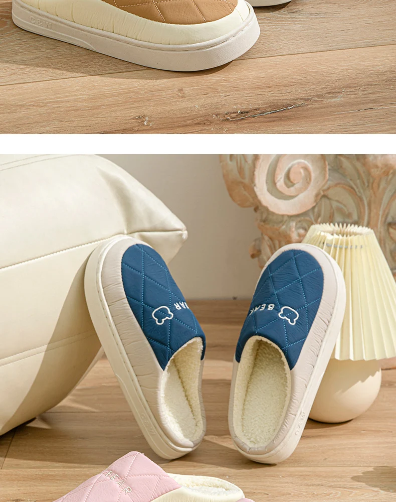 Winter Cotton Slippers for Women, Non-Slip, Warm and Velvet, Couple Style Indoor Cartoon Furry Shoes, Half-Pack Heel Home Shoes for Men