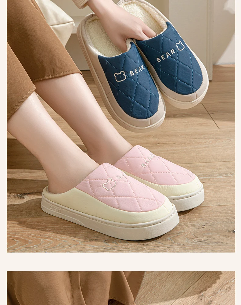 Winter Cotton Slippers for Women, Non-Slip, Warm and Velvet, Couple Style Indoor Cartoon Furry Shoes, Half-Pack Heel Home Shoes for Men