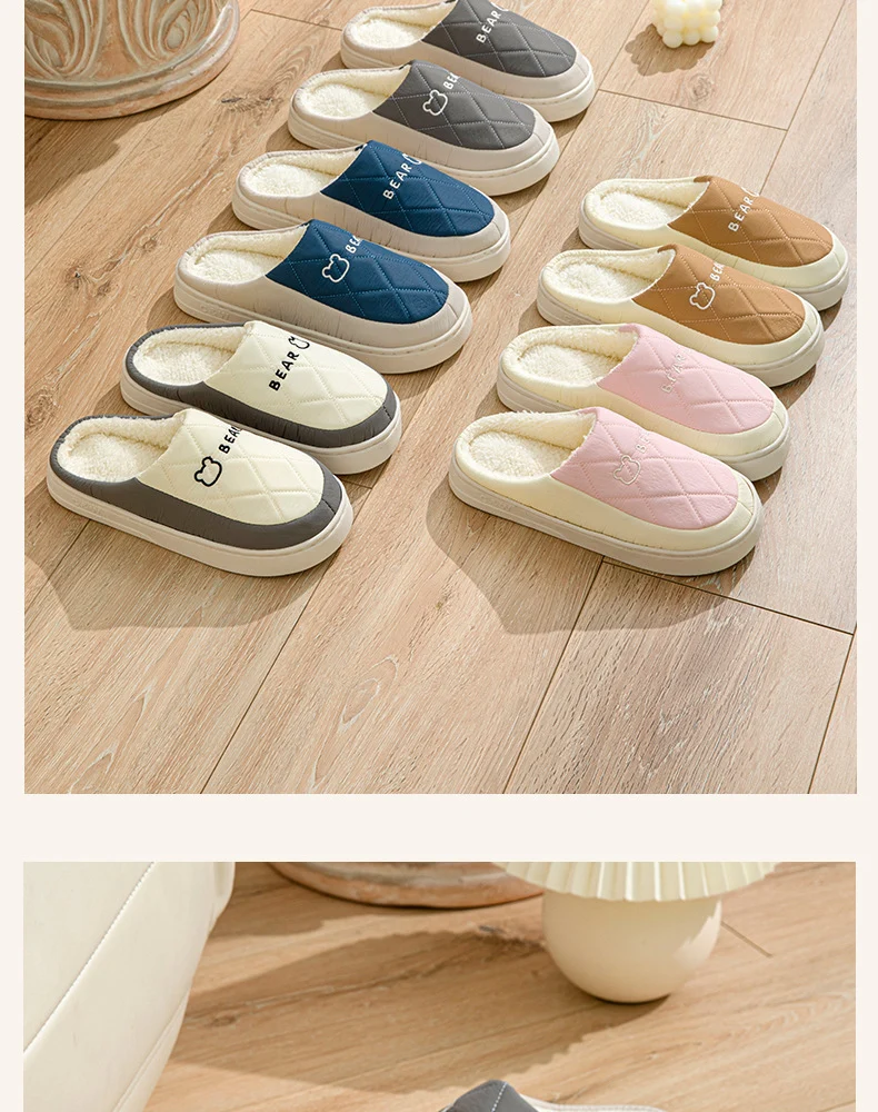 Winter Cotton Slippers for Women, Non-Slip, Warm and Velvet, Couple Style Indoor Cartoon Furry Shoes, Half-Pack Heel Home Shoes for Men