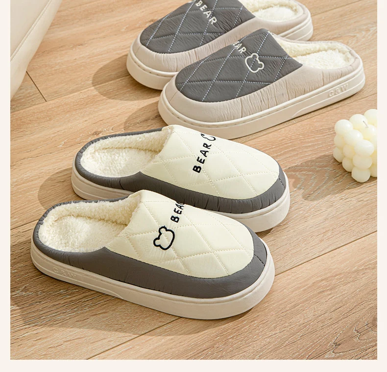 Winter Cotton Slippers for Women, Non-Slip, Warm and Velvet, Couple Style Indoor Cartoon Furry Shoes, Half-Pack Heel Home Shoes for Men