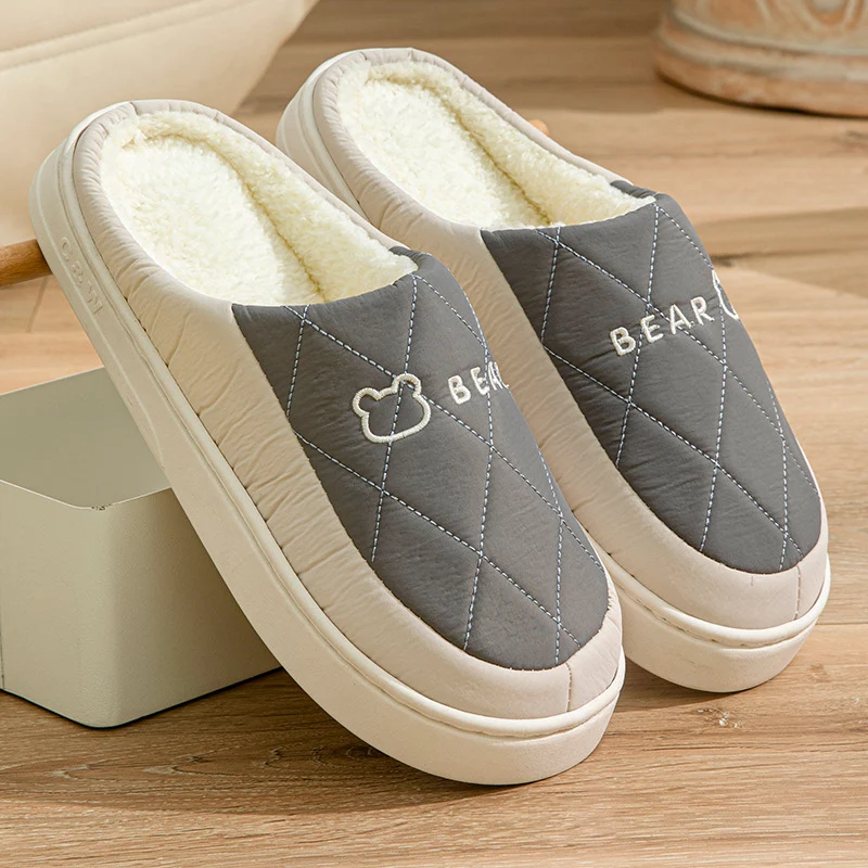 Winter Cotton Slippers for Women, Non-Slip, Warm and Velvet, Couple Style Indoor Cartoon Furry Shoes, Half-Pack Heel Home Shoes for Men