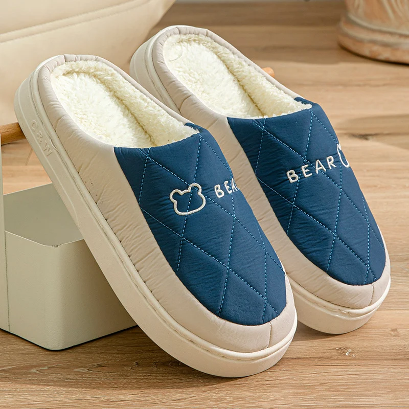 Winter Cotton Slippers for Women, Non-Slip, Warm and Velvet, Couple Style Indoor Cartoon Furry Shoes, Half-Pack Heel Home Shoes for Men