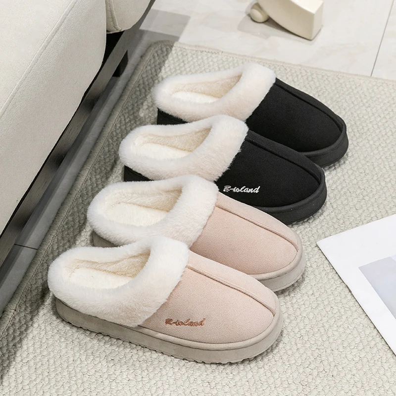 Cotton Slippers for Women in Autumn and Winter Indoor Home Non-Slip Fleece-Lined Warm Thick-Soled Couples Outer Wear Plush Cotton Shoes