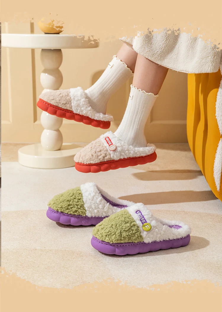 Cotton Slippers for Women, Autumn and Winter New Color Matching Home Indoor Non-Slip Warm Home Thick-Soled Plush Slippers for Men