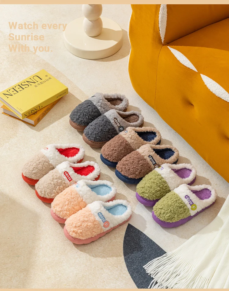 Cotton Slippers for Women, Autumn and Winter New Color Matching Home Indoor Non-Slip Warm Home Thick-Soled Plush Slippers for Men