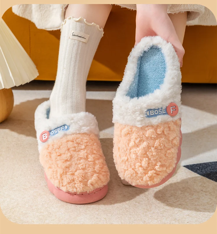 Cotton Slippers for Women, Autumn and Winter New Color Matching Home Indoor Non-Slip Warm Home Thick-Soled Plush Slippers for Men