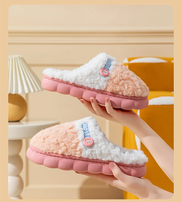 Cotton Slippers for Women, Autumn and Winter New Color Matching Home Indoor Non-Slip Warm Home Thick-Soled Plush Slippers for Men