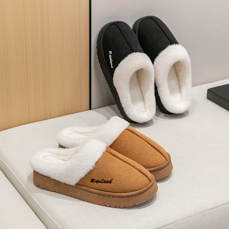 Cotton Slippers for Women, Autumn and Winter Home Use, Indoor Baotou Couple Style Plush Warm Anti-Slip Cotton Slippers for Men