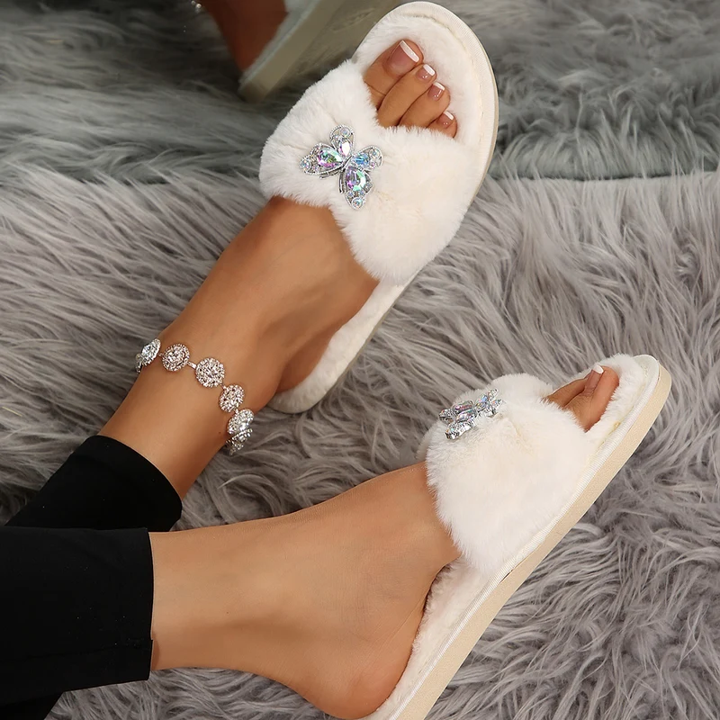 Cross-Border Rhinestone Butterfly Fur Slippers for Women Foreign Trade Large Size New Home Indoor and Outdoor Warm Fashion Cotton Slippers for Women