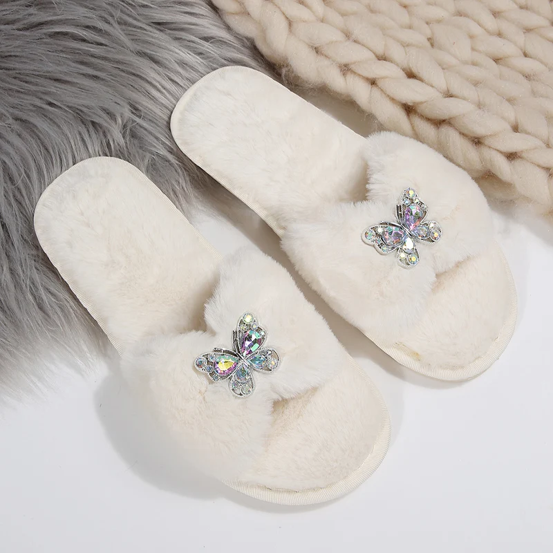 Cross-Border Rhinestone Butterfly Fur Slippers for Women Foreign Trade Large Size New Home Indoor and Outdoor Warm Fashion Cotton Slippers for Women