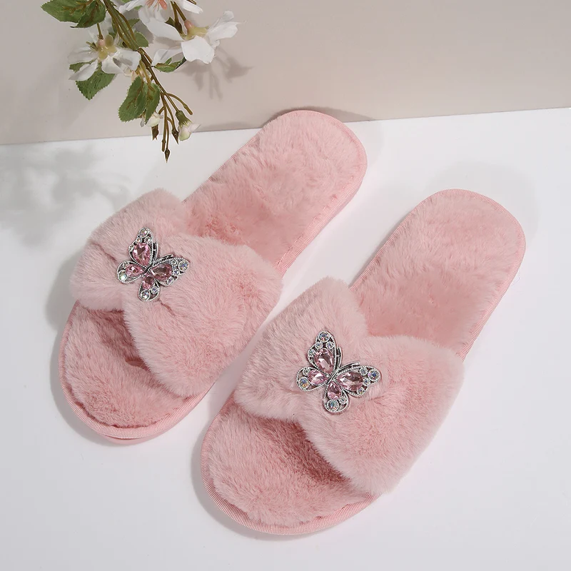 Cross-Border Rhinestone Butterfly Fur Slippers for Women Foreign Trade Large Size New Home Indoor and Outdoor Warm Fashion Cotton Slippers for Women